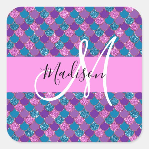 Glam Purple Mermaid Glitter Sparkles Monogram Name Square Sticker