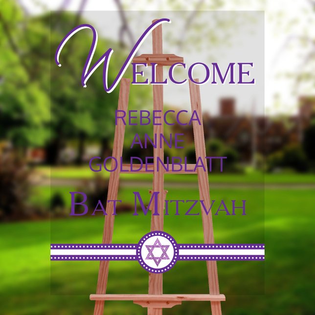 Glam Purple Modern Chic Bat Mitzvah Welcome Acrylic Sign (Clear acrylic gives this purple glam Bat Mitzvah welcome sign a modern feel)