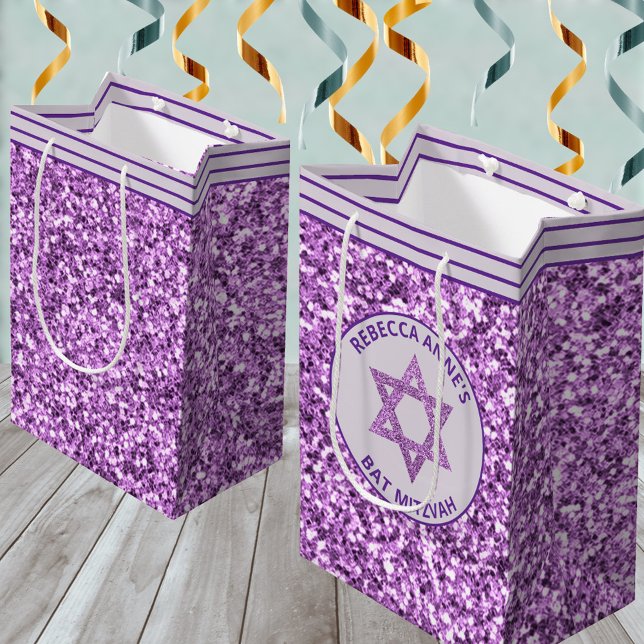 Glam Purple Party Favors Or Presents Bat Mitzvah Medium Gift Bag (It's easy to personalize these faux purple glitter gift bags to hold Bat Mitzvah party favors)