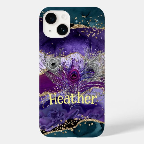 Glam Purple Peacock Agate Feathered Case_Mate iPhone 14 Case