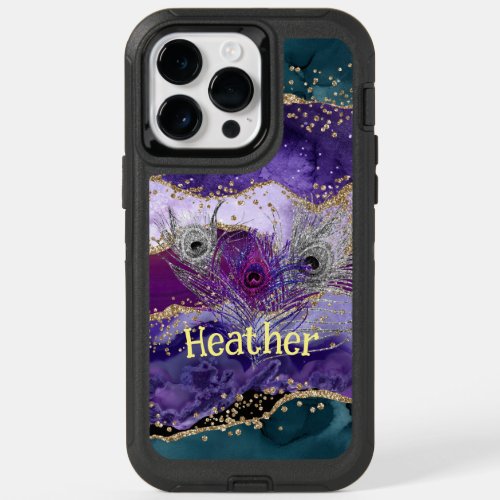 Glam Purple Peacock Agate Feathered OtterBox iPhone 14 Pro Max Case