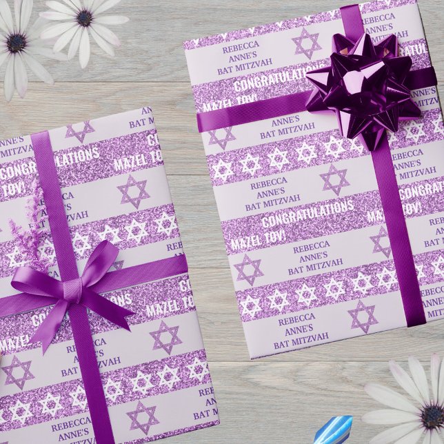 Glam Purple Personalized Jewish Girl Bat Mitzvah Wrapping Paper (Special gift wrap for that special girl and her Bat Mitzvah gift)