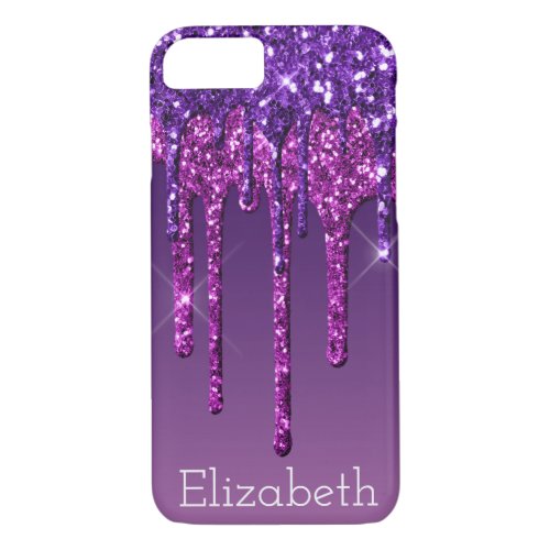 Glam Purple  Pink Faux Glitter Drip Personalized iPhone 87 Case