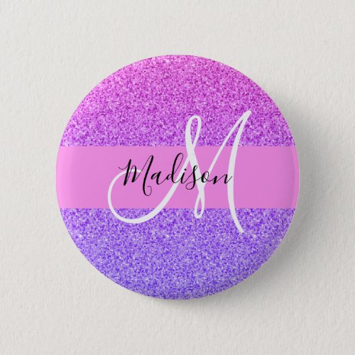 Glam Purple Pink Glitter Sparkle Gradient Monogram Button