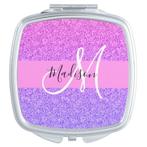 Glam Purple Pink Glitter Sparkle Gradient Monogram Compact Mirror