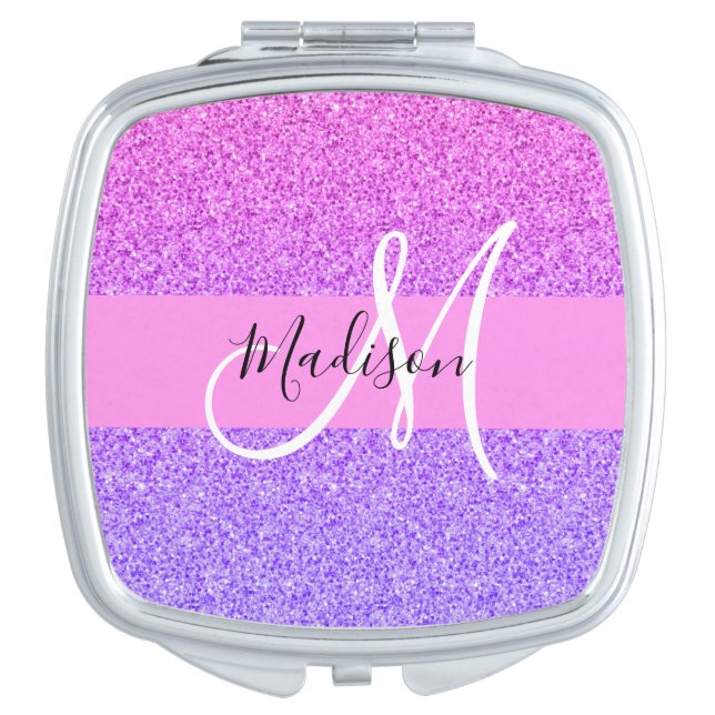 Glam Purple Pink Glitter Sparkle Gradient Monogram Compact Mirror (Front)