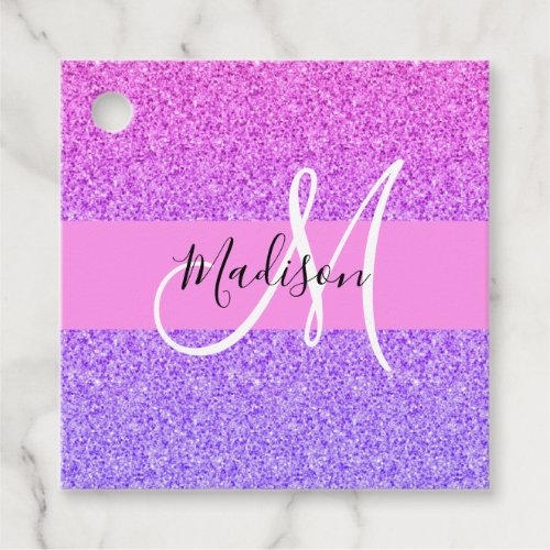 Glam Purple Pink Glitter Sparkle Gradient Monogram Favor Tags