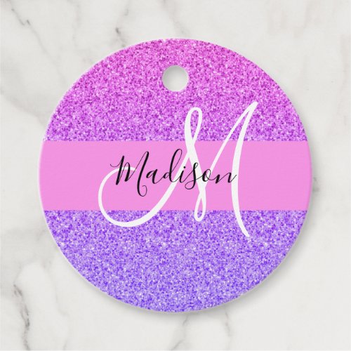 Glam Purple Pink Glitter Sparkle Gradient Monogram Favor Tags