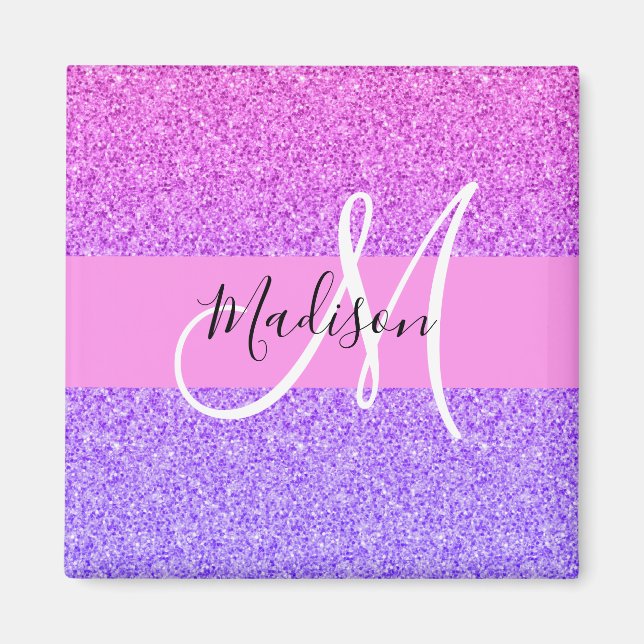 Glam Purple Pink Glitter Sparkle Gradient Monogram Magnet (Front)