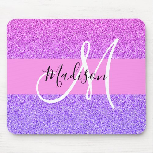 Glam Purple Pink Glitter Sparkle Gradient Monogram Mouse Pad