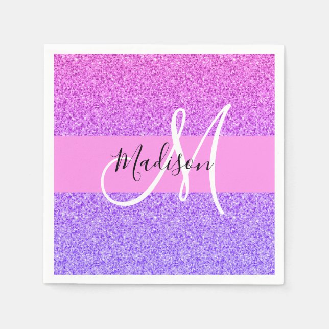 Glam Purple Pink Glitter Sparkle Gradient Monogram Napkins (Front)