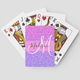Glam Purple Pink Glitter Sparkle Gradient Monogram Poker Cards