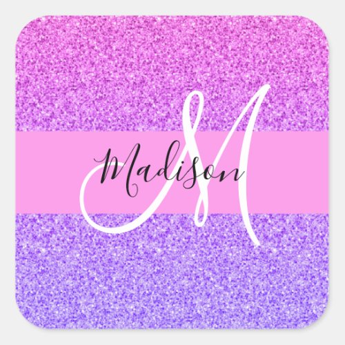 Glam Purple Pink Glitter Sparkle Gradient Monogram Square Sticker