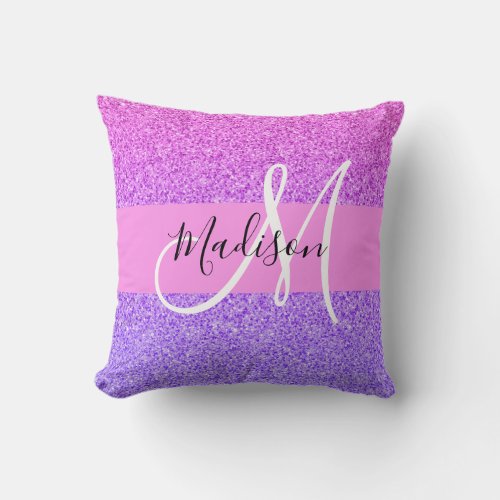 Glam Purple Pink Glitter Sparkle Gradient Monogram Throw Pillow