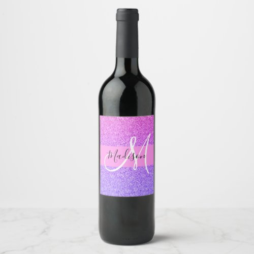 Glam Purple Pink Glitter Sparkle Gradient Monogram Wine Label