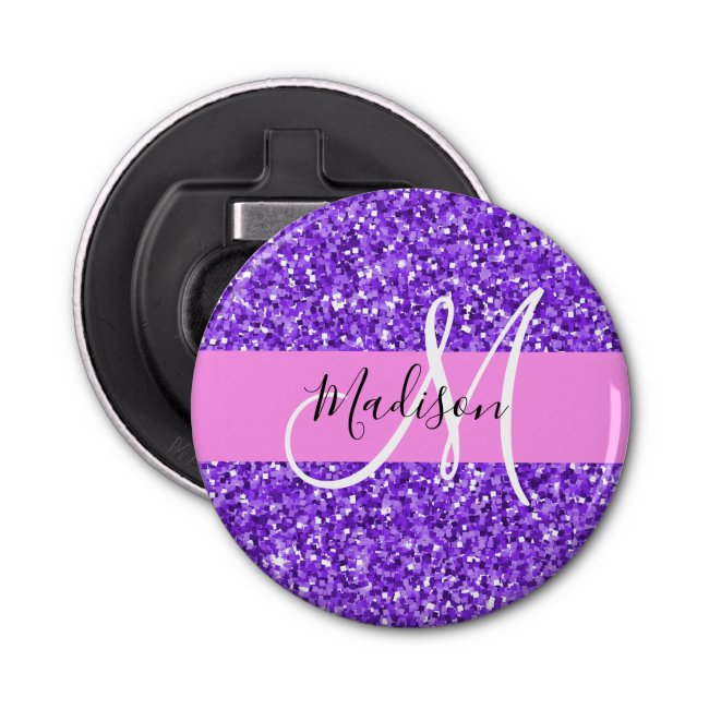 Glam Purple & Pink Glitter Sparkle Monogram Name Bottle Opener
