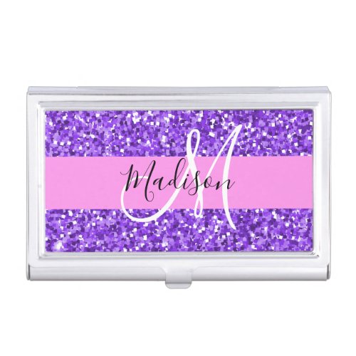 Glam Purple  Pink Glitter Sparkle Monogram Name Business Card Case