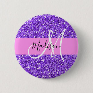 Glam Purple & Pink Glitter Sparkle Monogram Name Button