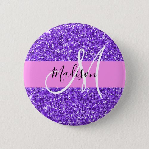 Glam Purple  Pink Glitter Sparkle Monogram Name Button