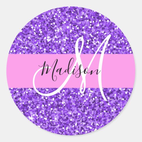 Glam Purple  Pink Glitter Sparkle Monogram Name Classic Round Sticker