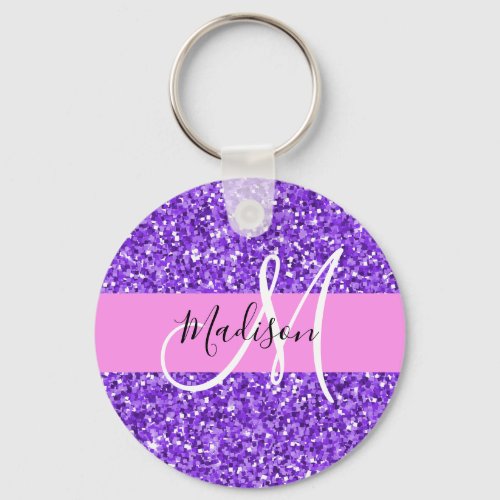 Glam Purple  Pink Glitter Sparkle Monogram Name Keychain