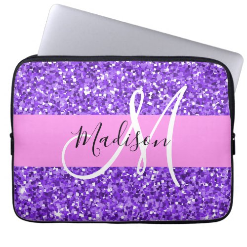 Glam Purple  Pink Glitter Sparkle Monogram Name Laptop Sleeve