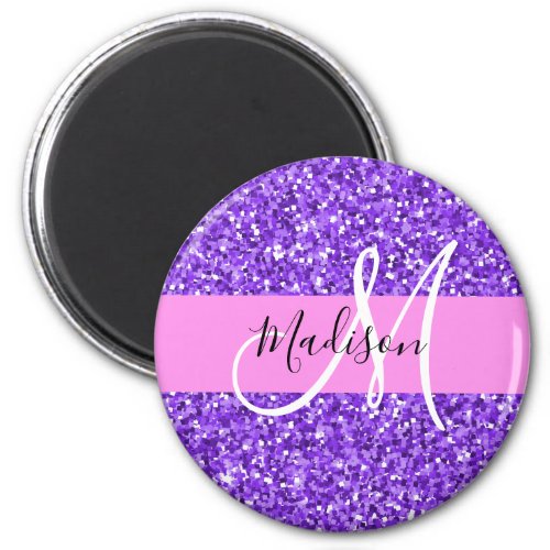 Glam Purple  Pink Glitter Sparkle Monogram Name Magnet