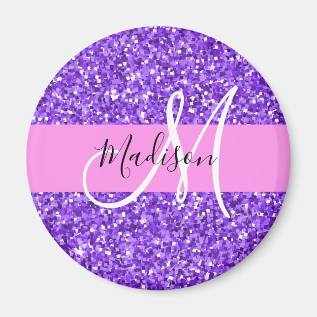 Glam Purple & Pink Glitter Sparkle Monogram Name Magnet (Front)