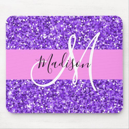 Glam Purple  Pink Glitter Sparkle Monogram Name Mouse Pad