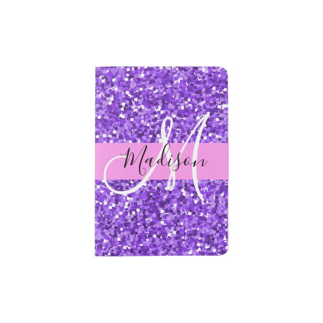 Glam Purple & Pink Glitter Sparkle Monogram Name Passport Holder (Front)