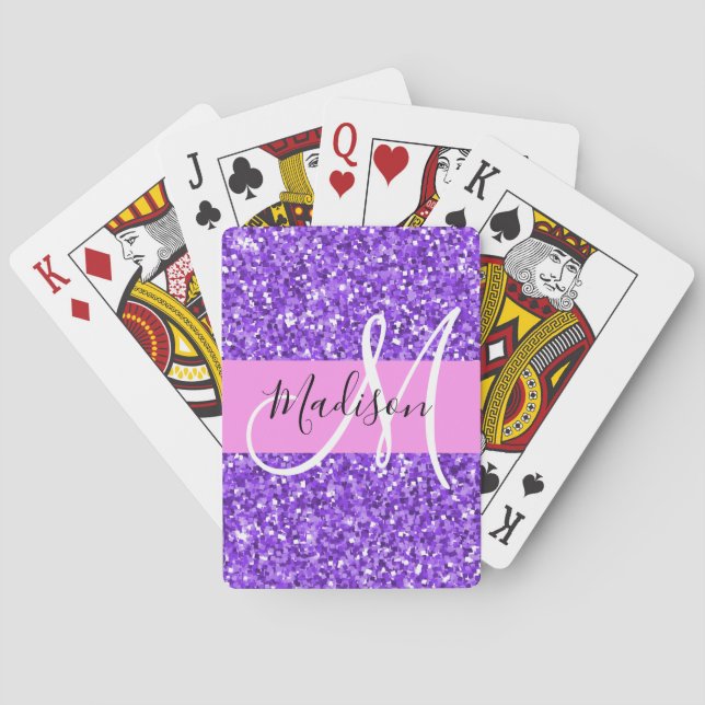 Glam Purple & Pink Glitter Sparkle Monogram Name Poker Cards (Back)