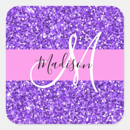 Glam Purple  Pink Glitter Sparkle Monogram Name Square Sticker