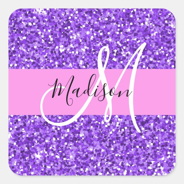 Glam Purple & Pink Glitter Sparkle Monogram Name Square Sticker (Front)