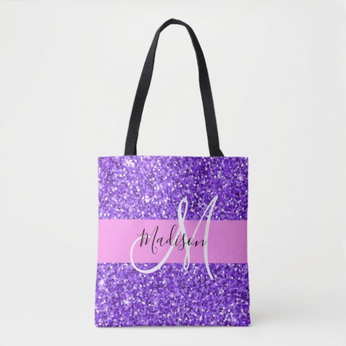Glam Purple  Pink Glitter Sparkle Monogram Name Tote Bag