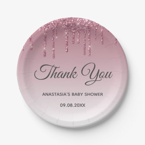 Glam Purple Pink Rose Gold Thank You Baby Shower Paper Plates