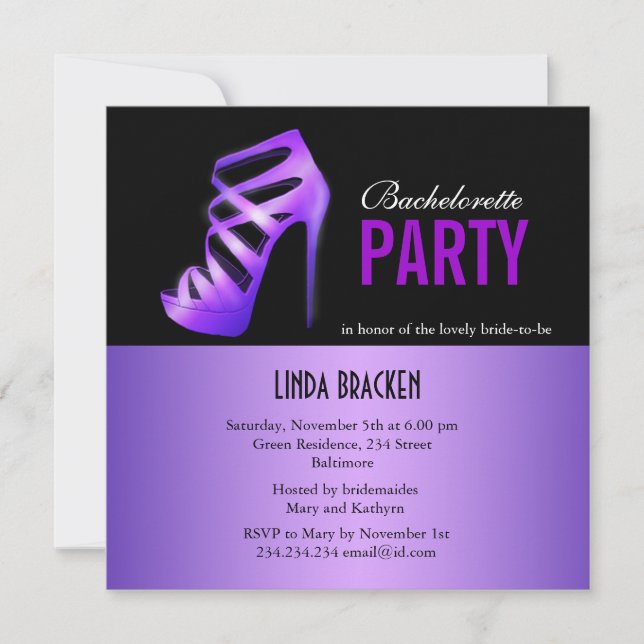 Glam Purple Pumps Black Bachelorette Party Card (Front)