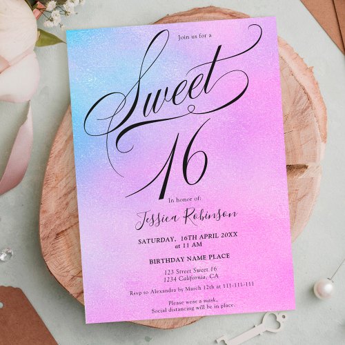 Glam purple rainbow holographic script Sweet 16 Invitation