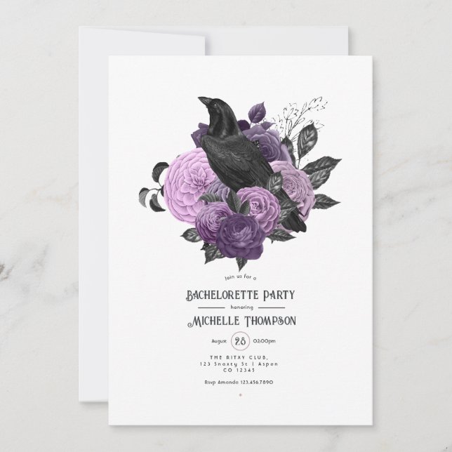Glam Purple Raven Gothic Bachelorette Party Invitation (Front)