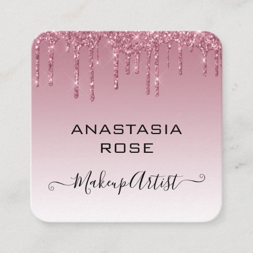 Glam Purple Rose Gold Glitter Drips Makeup Artist Square Business Card