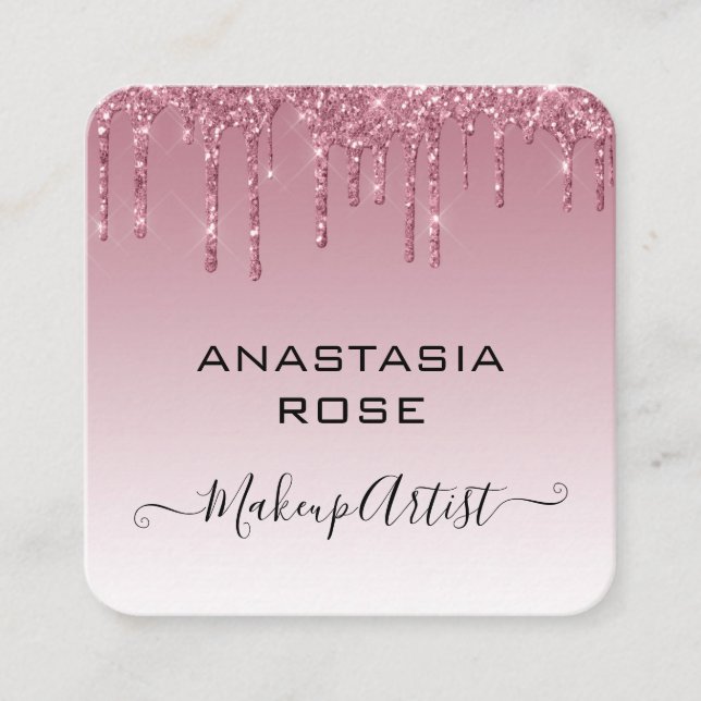 Glam Purple Rose Gold Glitter Drips Makeup Artist Square Business Card (Front)