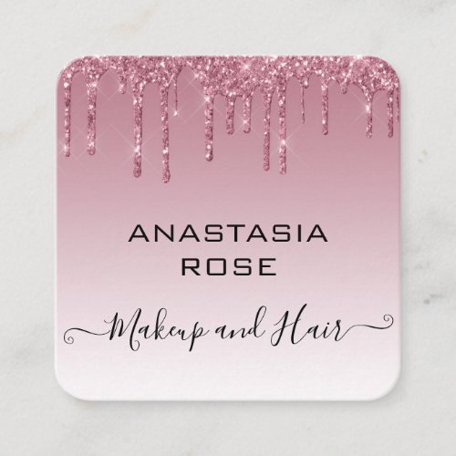 Glam Purple Rose Gold Glitter Drips Makeup Artist Square Business Card