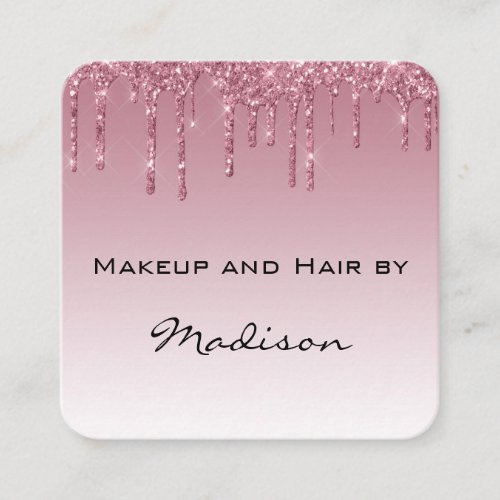 Glam Purple Rose Gold Glitter Drips Makeup Artist Square Business Card