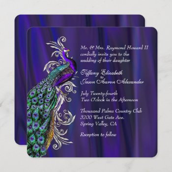 Glam Purple Satin And Peacock Wedding Invitation by Myweddingday at Zazzle