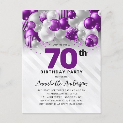 Glam Purple Silver Balloon Glitter 70th Birthday  Postcard