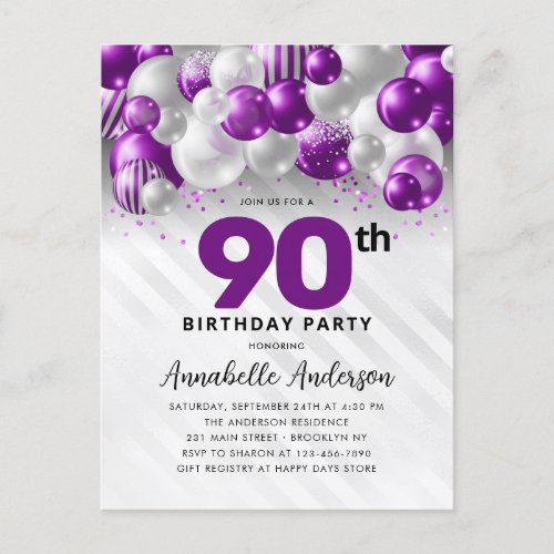 Glam Purple Silver Balloon Glitter 90th Birthday  Postcard