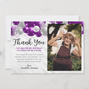 Glam Purple Silver Balloon Glitter Photo Birthday Thank You Card