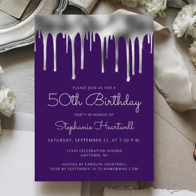 Glam Purple Silver Dripping Foil 50th Birthday Invitation (Creator Uploaded)