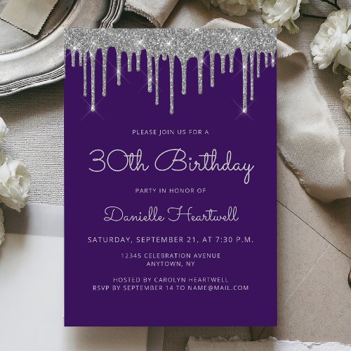 Glam Purple Silver Glitter Drip 30th Birthday Invitation