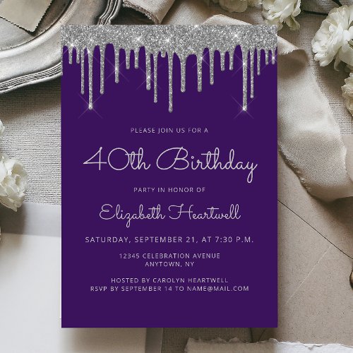 Glam Purple Silver Glitter Drip 40th Birthday Invitation