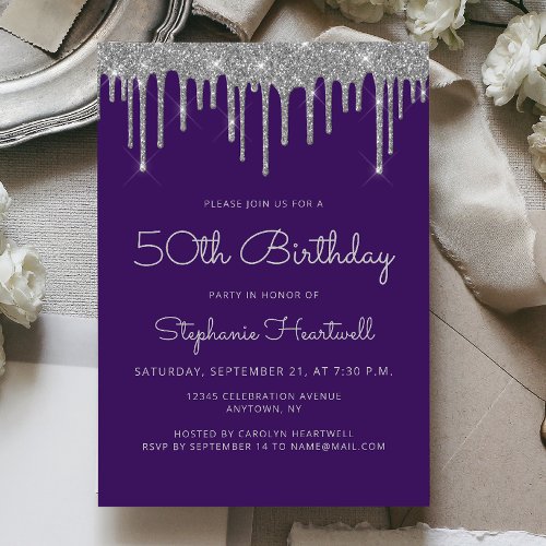 Glam Purple Silver Glitter Drip 50th Birthday Invitation